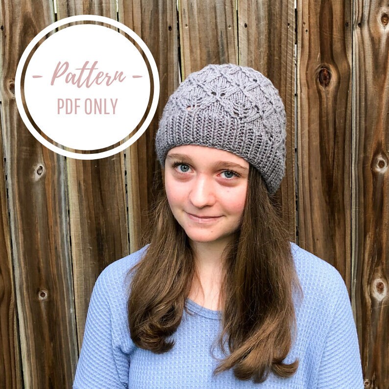 PATTERN PDF: Knitting Pattern Digital Download New Leaf Beanie, Adult Woman Headwear Lace, Fern Diamond Stitch Instructions image 1