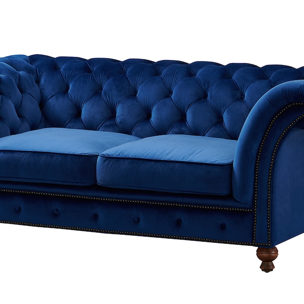 Peyton Sloped Arm Chesterfield Love Seat - Blue Velvet