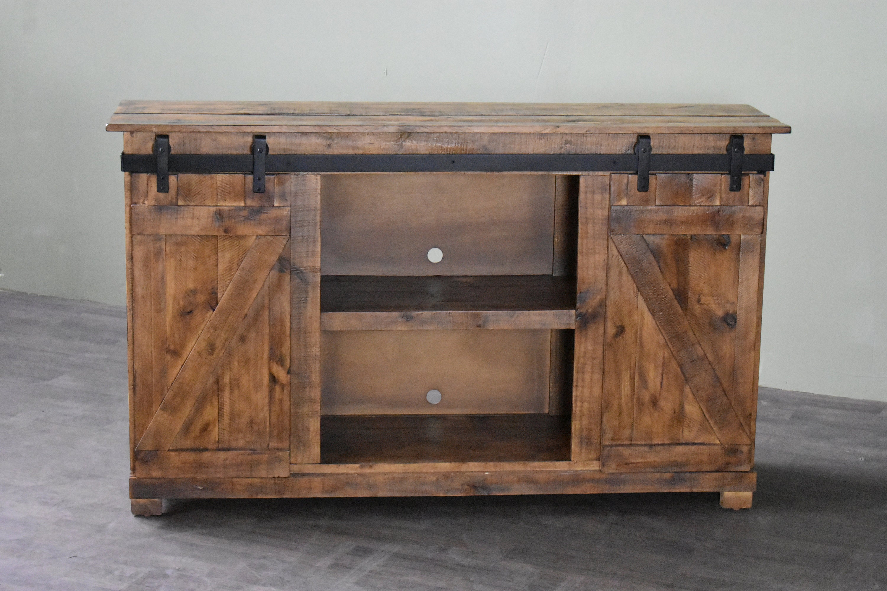 Rustic Solid Wood 60 Sliding Barn Door TV Stand Brown | Etsy