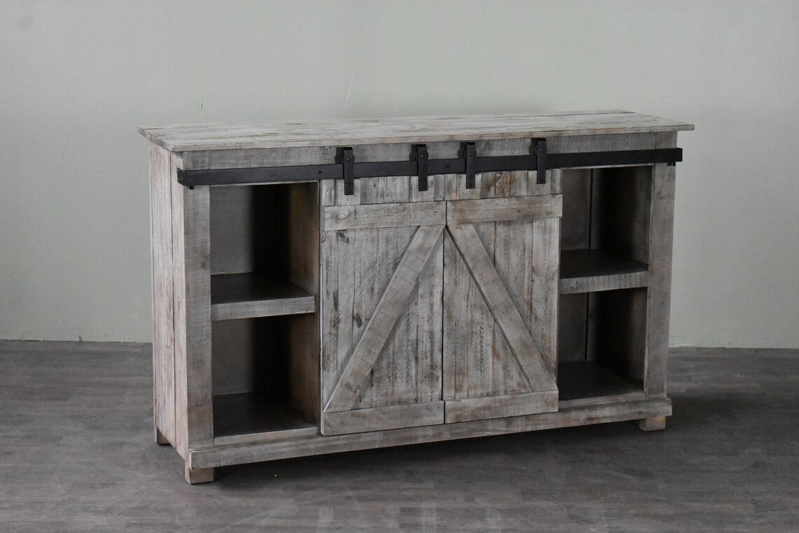 Rustic Solid Wood 60 Sliding Barn Door TV Stand Gray Etsy