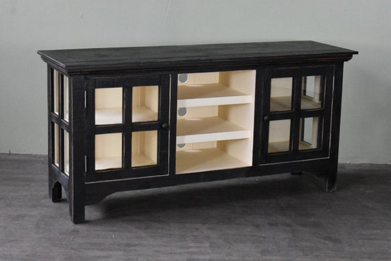 Rustic Solid Wood 62 Tv Stand With Glass Doors Black