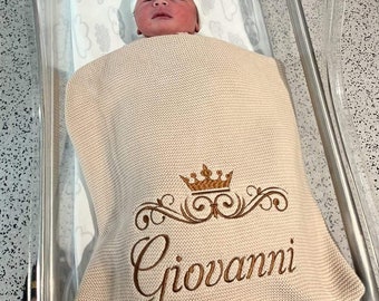 Couverture pour bébé en tricot beige - avec broderie