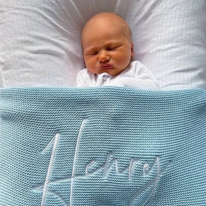 Blue Knitted Baby Blanket with embroidery image 1