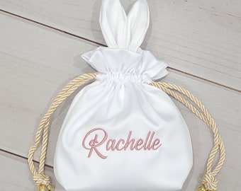 White Satin Easter Bag Personalised with Embroidery