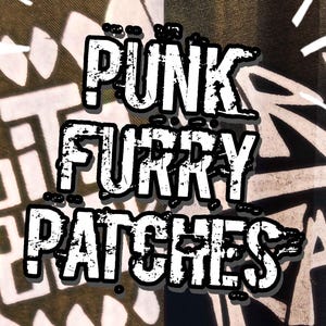Könnte beinhalten: Bild eines Stoffes mit den Worten "PUNK FURRY PATCHES" in einer verwitterten, weißen Schrift mit schwarzer Umrandung. Der Hintergrund ist eine Mischung aus Olivgrün und Schwarz mit weißen Graffiti-Designs.