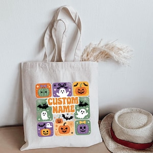 Halloween Tote Bag, Spooky Ghost Grid Bag with Pumpkin Bat Spider Webs, Gothic Fall Tote, Trick or Treat Bag, Reusable Canvas Bag