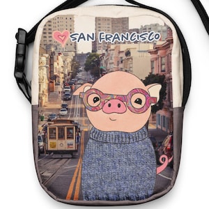 Bolso bandolera con forma de cerdito de SAN FRANCISCO/ Monedero con forma de cerdito/ Cerdito de dibujos animados con suéter y anteojos/ Teleférico/ Puente Golden Gate/ Bolso de viaje pequeño/ Peculiar