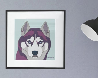 Art Print SIBERIAN HUSKY| Abstract| Pop Art| Husky Sibe| Sled Dog| Alaskan Malamute| Spitz| Pet Portrait| 10x10| 14x14| 16x16| 18x18| Square