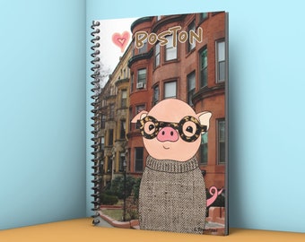 BOSTON Piggy Journal| Writer| Pig in Sweater with Glasses| Massachusetts| Brownstones| Cities| Travel| Notebook| Diary| 5x8 book