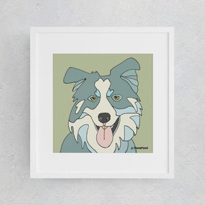 Art Print BORDER COLLIE| Herding Dog| Stylized| Pet Portrait| Face| Blue Grey| Green| 10x10| 14x14| 16x16| 18x18| Modern| Pop Art| Dog Lover