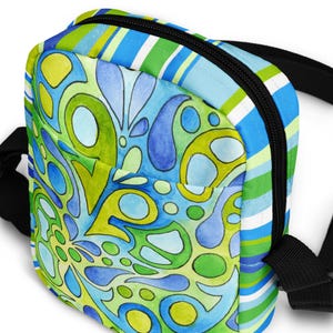 Bolso unisex con cremallera y diseño abstracto de acuarela, arte original, arte garabateado, formas de lágrimas verdes y azules, charcos de lluvia, bolso de viaje pequeño, cartera