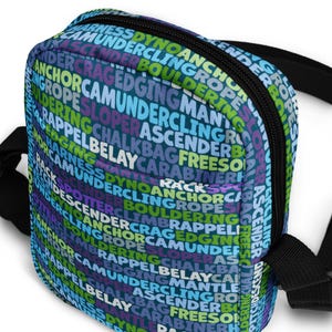 Sac à bandoulière ESCALADE| Petit sac utilitaire| Porte-monnaie| Mots d'escalade| Équipement| Bloc| Mousqueton| Relais| Rappel| Athlète féminine