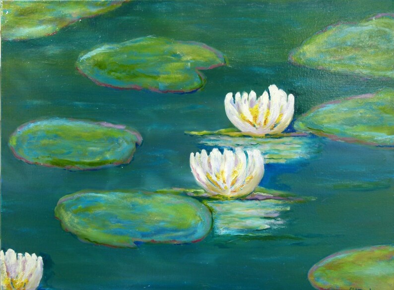 Water Lilies evening monet style lily pads flower art | Etsy