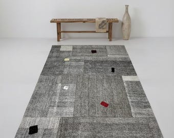Handwoven Turkish Patchwork Rug – Black & White Wool Flatweave (8.0 x 6.3 ft)
