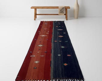 Handwoven Turkish Kilim Runner – Dark Blue & Red, Vintage Hallway Rug