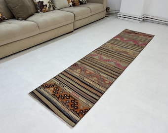 2'1" x 8'8" Vintage Turkish Kilim Runner Rug, Multicolor Striped Handwoven Wool Hallway Runner Rug