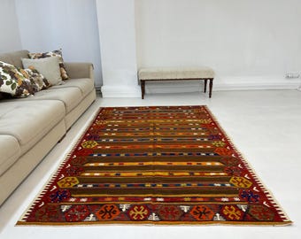 Vintage Striped Turkish Kilim Rug: 5x7 Colorful Wool Rug