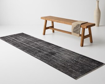 Vintage Turkish Runner Rug – Grey Black Distressed Floral, 2.3 x 9.5 ft