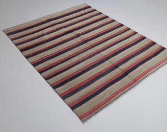 5x6 Vintage Turkish Kilim Rug, Multicolor Striped Flatweave Area Rug, Handmade Cotton Boho Decor Rug
