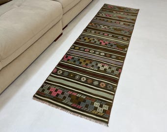 Alfombra Kilim turca vintage de 60 x 205 cm, de lana tejida a mano con rayas marrones para pasillo
