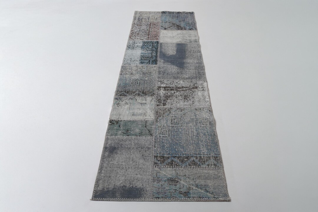 3x8 Vintage Patchwork Runner Rug, Blue White Wool Cotton Hallway Rug ...