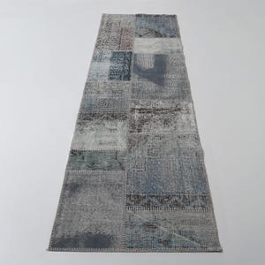 3x8 Vintage Patchwork Runner Rug, Blue White Wool Cotton Hallway Rug, Handmade Striped Narrow Carpet Decor