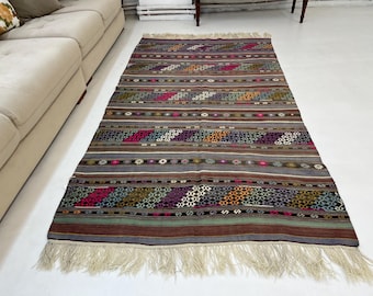 4'4" x 7'9" Vintage Turkish Kilim Rug, Multicolor Striped Handwoven Wool Area Rug for Living Room Bedroom Boho Decor