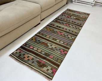 Alfombra Kilim turca vintage de 65 cm x 205 cm, de lana tejida a mano con rayas marrones para pasillo