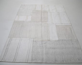 5'10 x 7'10 Vintage Turkish Hemp Patchwork Rug White Beige Minimal Rustic Flatweave Area Rug