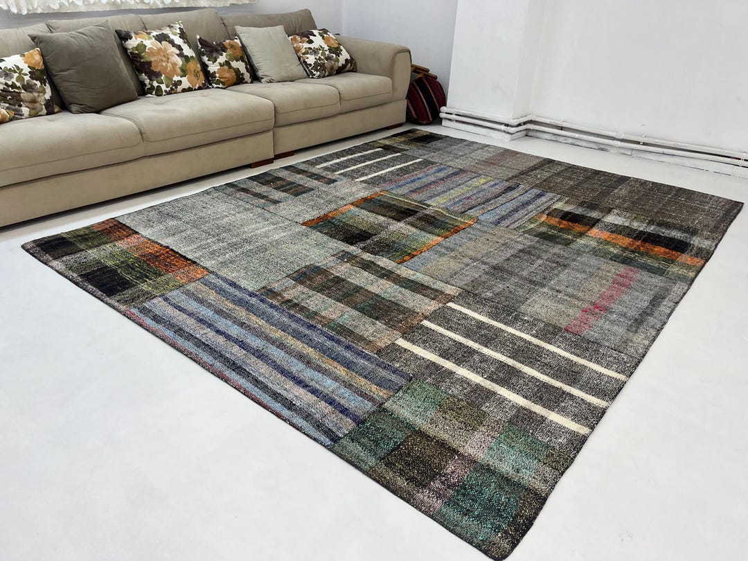 トルコ ウールラグ アイボリー ダークグレー キリム トルコ