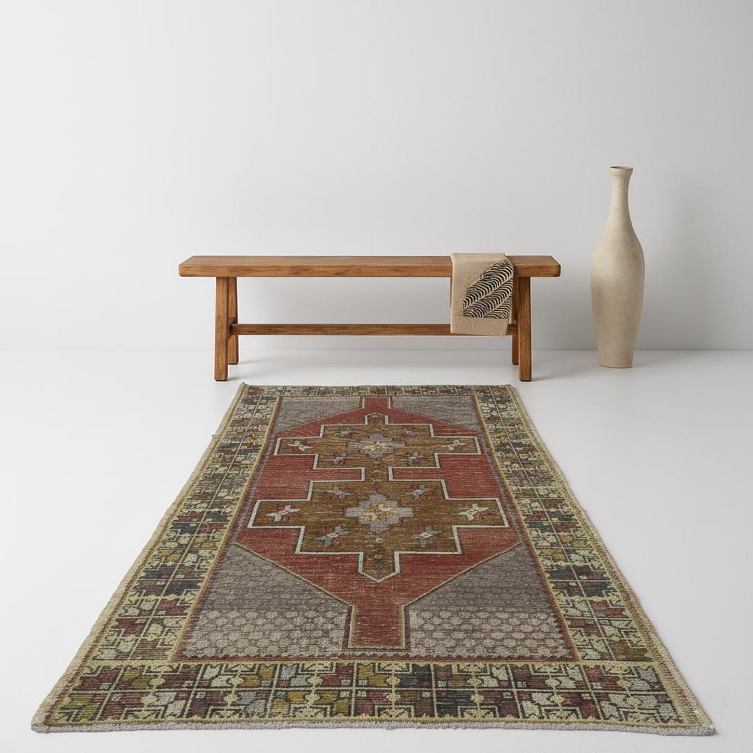 Buy Rust Geometric Turkish Rug – Vintage Handmade Oushak Carpet