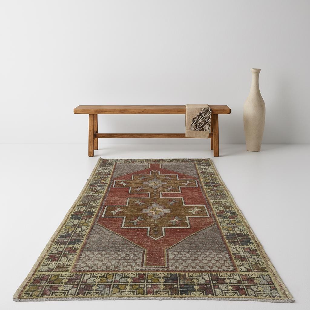 Buy Rust Geometric Turkish Rug – Vintage Handmade Oushak Carpet