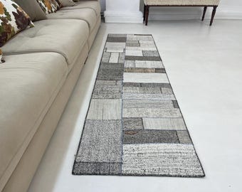 2'2" x 8'1" Vintage Turkish Flatweave Runner Rug, Black White Patchwork Handwoven Wool Cotton Hallway Rug