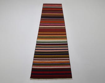 May include: A rectangular runner rug with horizontal stripes in various colors, including red, orange, yellow, green, blue, and pink. The rug is placed on a white surface.