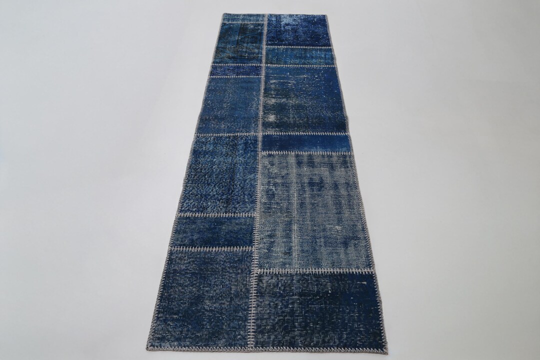 3x8 Vintage Turkish Patchwork Rug, Blue Overdyed Runner, Handmade Wool ...