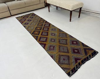 Vintage Kilim Runner 2x8 ft: Colorful Turkish Wool Rug Nomadic Neutral