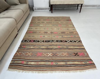 4'5" x 7'1" Vintage Turkish Kilim Rug, Multicolor Striped Handwoven Wool Area Rug for Living Room Bedroom Boho Decor