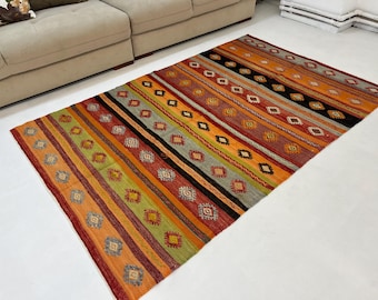 4'6" x 7'2" Vintage Turkish Kilim Rug, Multicolor Striped Handwoven Wool Area Rug for Living Room Bedroom Boho Decor
