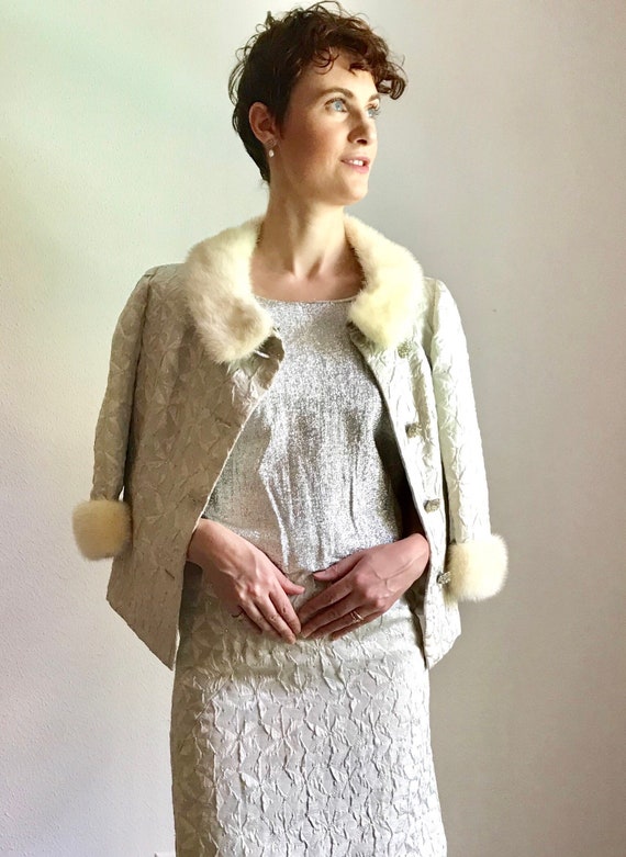 Silver Dress And Coat Jacket With Real Fur 50s 60s Etsy