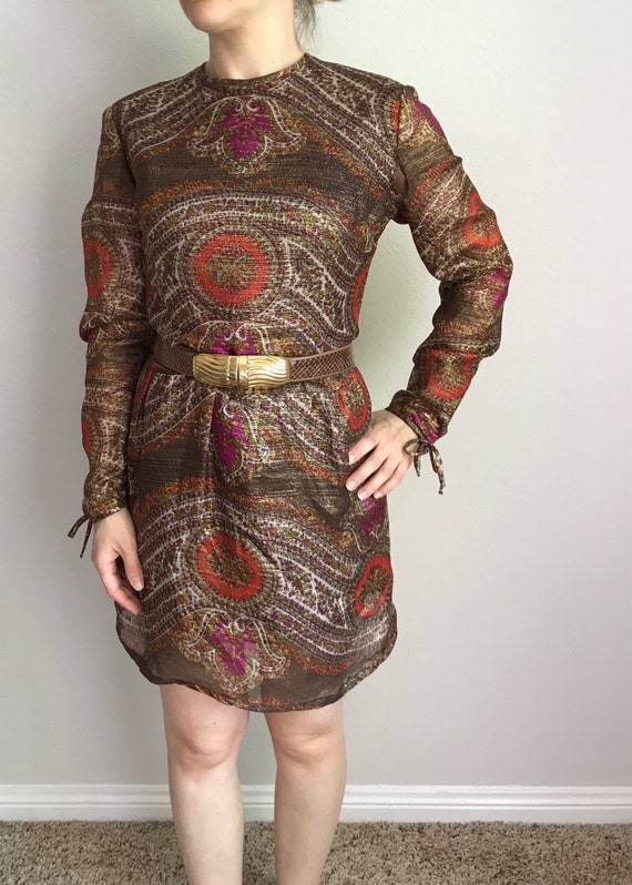 Metallic paisley print mini dress// 60s 70s