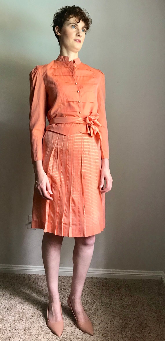 Band jacket pleated skirt suit set orange// 80s