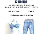Women 39 s light blue Denim Bikini top and 1 4 legnth Pants with Diamond accent