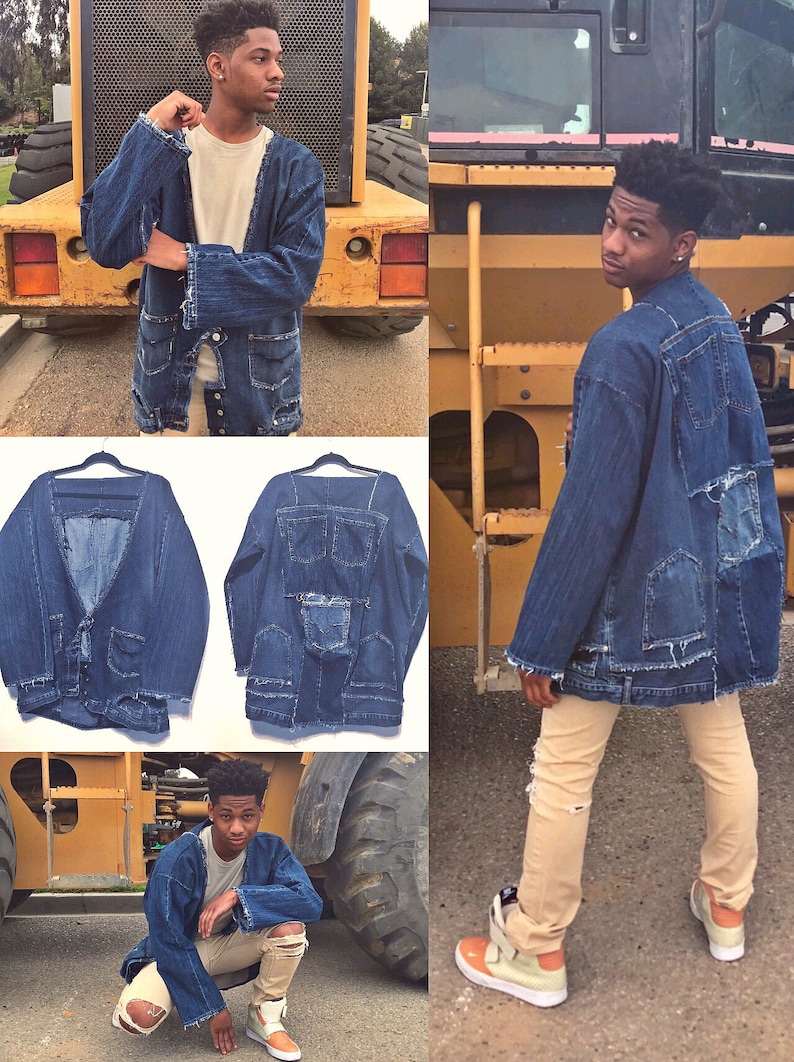 Mens Large dark blue Denim Pants Kimono Jacket