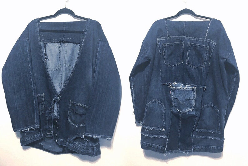 Mens Large dark blue Denim Pants Kimono Jacket