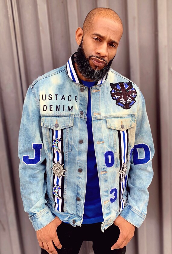 Mens Denim Varsity Jacket Blue and 