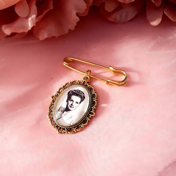 Gold coloured Bride or Groom memory photo bouquet or lapel pin, single, double & triple keepsake gift, boutonniere photo charm gifts.