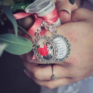 Double Bouquet Photo Charm. Double memory photo bouquet charm, memorial bridal flower photo keepsake medallion wedding gift.