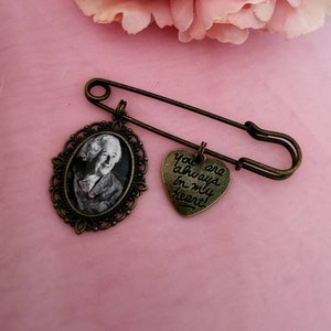 Bride, Groom photo memorial pin, antique bronze coloured memory photograph memorial locket, wedding boutonniere remembrance keepsake frame.