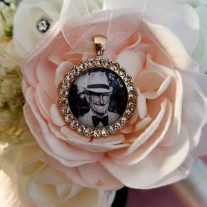 Gold rhinestone memorial bride or groom photo charm for your bouquet or suit, in loving memory of missed loved ones. Wedding locket.