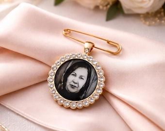 Photo memorial wedding pin, Rose Gold rhinestone, bride, groom photograph charm for missed loved ones locket for your bouquet, lapel, suit.